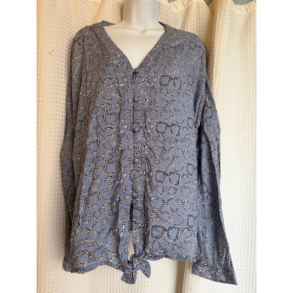 BeachLunchLounge Eyeglass Print Blouse XL Blue Hi Lo Top